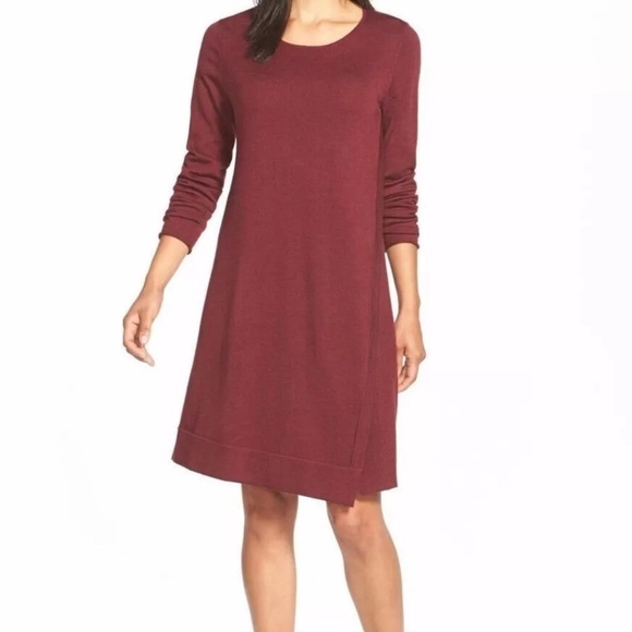 Eileen Fisher Sweater Dress Burgundy 100% Merino Wool Asymmetrical Long Sleeve - Picture 2 of 16